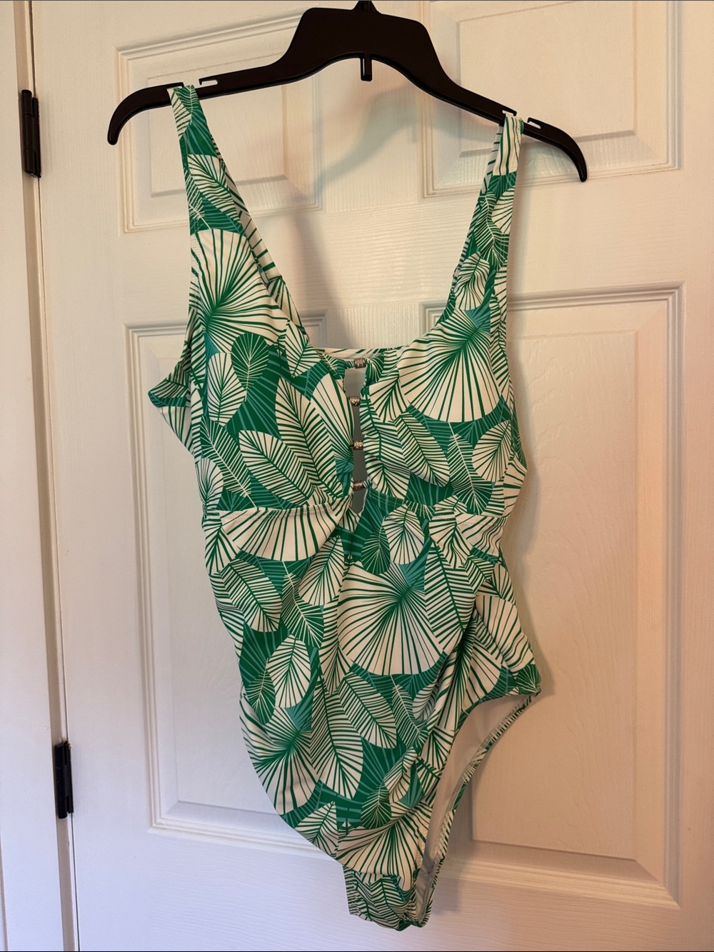 Tahari Green and White Stripe Palm One-Piece Swimsuit with Center Beads